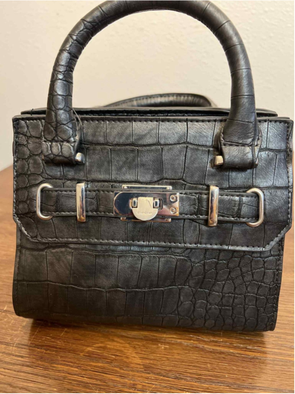 Bebe New Croc Embossed Structured Satchel Purse Handbag Large Black Top Handle